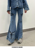 Pantalone in Jeans Cargo Tasche con Zip alla Caviglia Pantaloni a Zampa Effetto Strappato sull'orlo - BA88