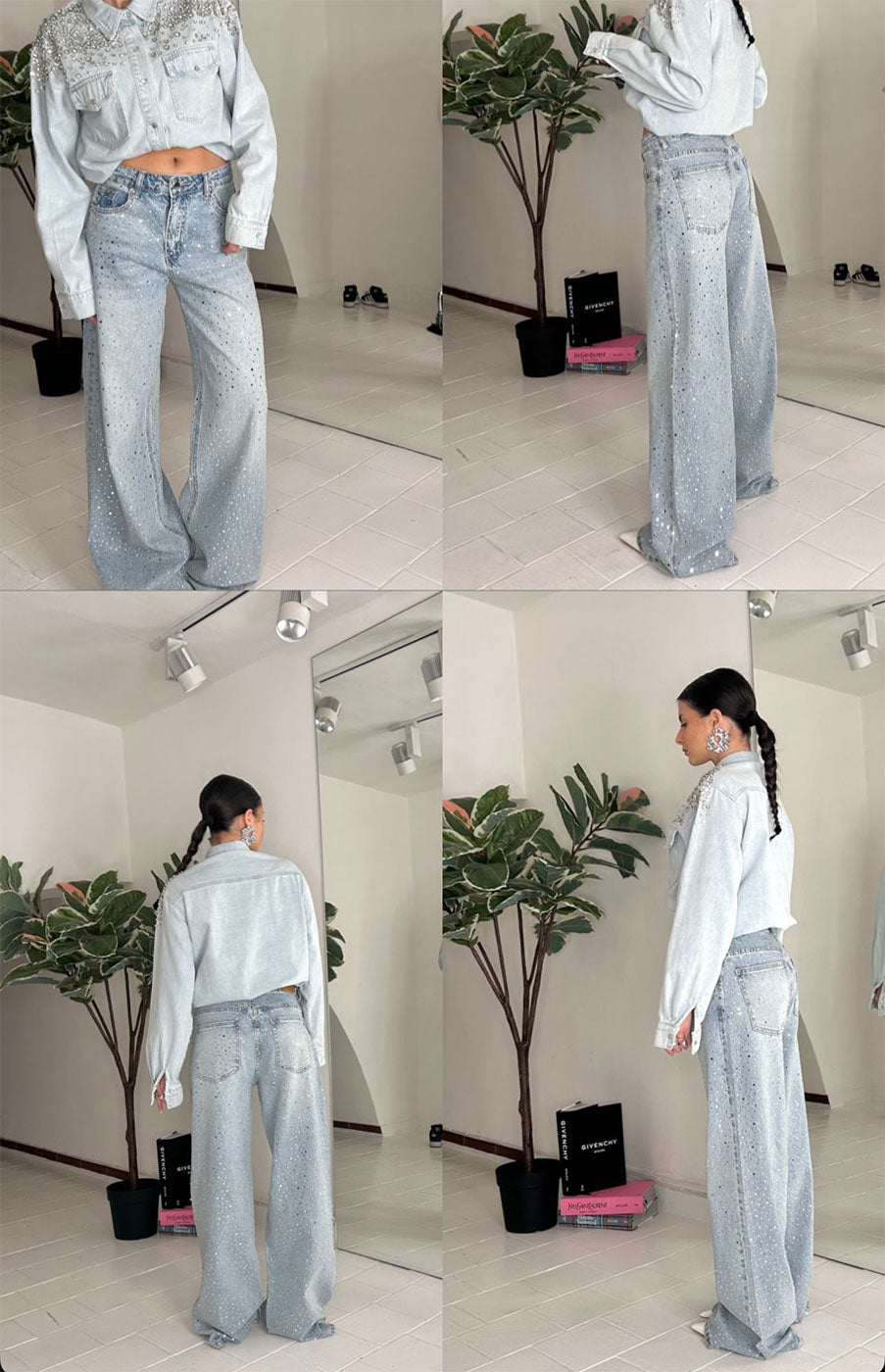 Pantalone in Blu Jeans Ricoperto in Strass Luccicanti Pantaloni Donna Lungo a Zampa - BA90