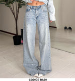 Pantalone in Blu Jeans Ricoperto in Strass Luccicanti Pantaloni Donna Lungo a Zampa - BA90