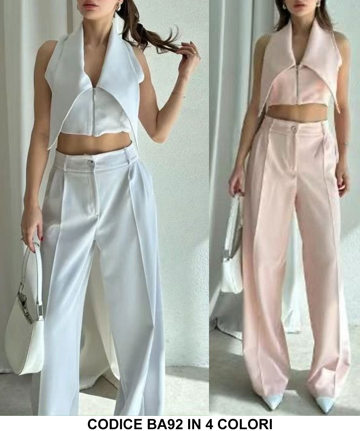 Completo Elegante Maglia Corta con Zip e Collo Molto Lungo Pantalone Palazzo Coordinato Tailleur in 4 Colori - BA92