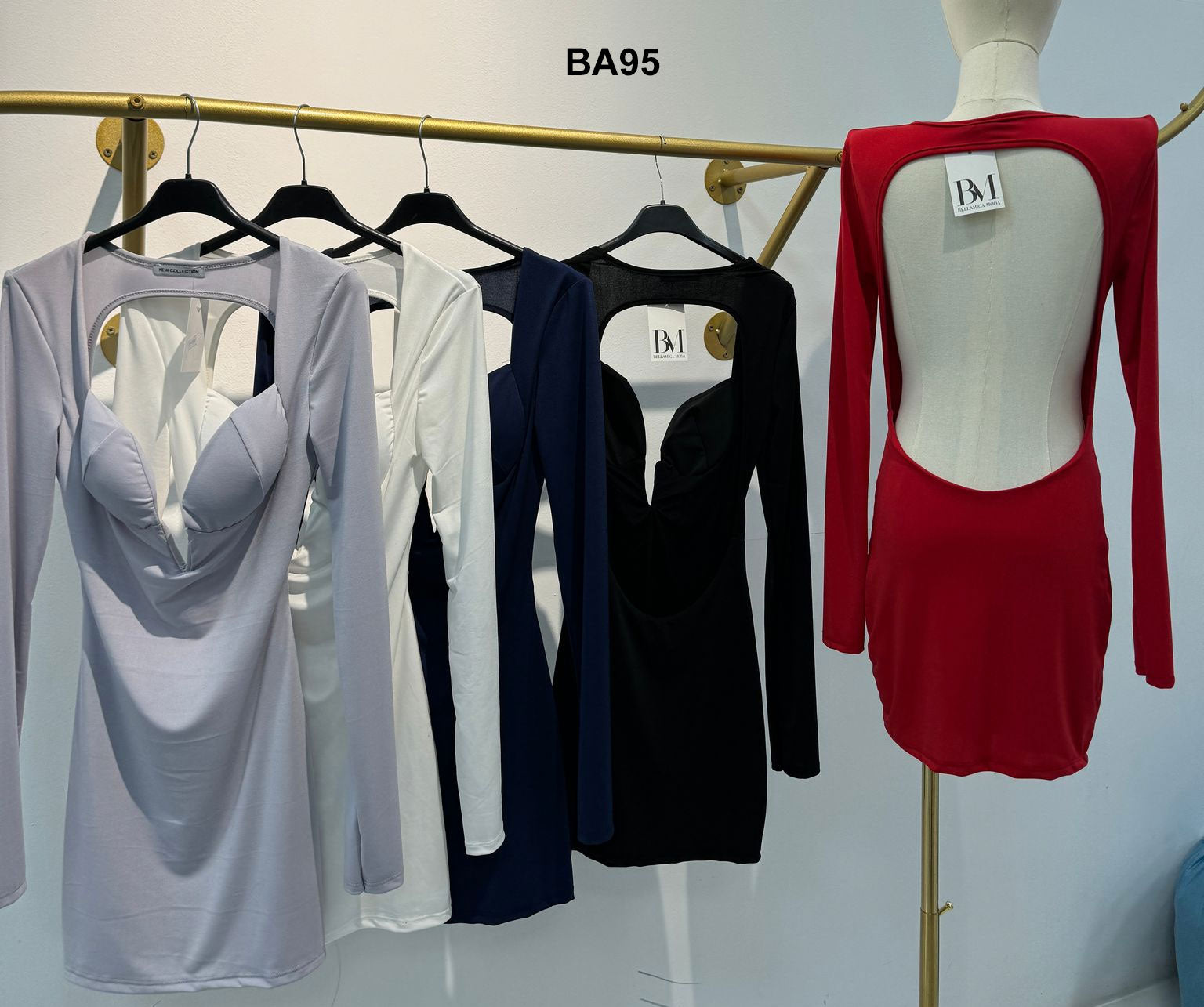 Abito Corto Elegante Scollo Profondo Manica Lunga Vestito Sensuale Casual Tubino in 5 Colori - BA95