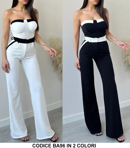 Tuta Elegante Intera Bicolore Bianca e Nera Jumpsuit Pantalone Palazzo Casual in 2 Colori - BA96