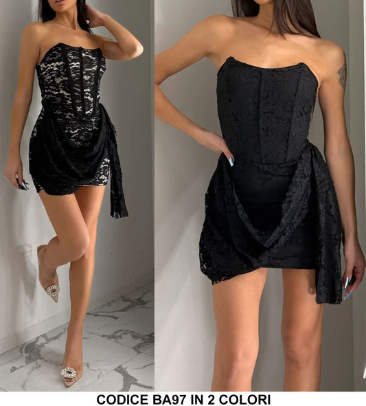 Abito Corto Elegante Nero Sensuale Merletto Pizzo con Fascia in Vita Vestito Evento Serata in 2 Colori - BA97