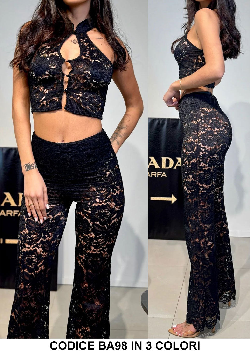 Completo Pizzo Merletto con Trasparenze Maglia Top Allacciata al Collo Pantalone Palazzo Coordinato in 3 Colori - BA98