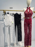Completo Pizzo Merletto con Trasparenze Maglia Top Allacciata al Collo Pantalone Palazzo Coordinato in 3 Colori - BA98