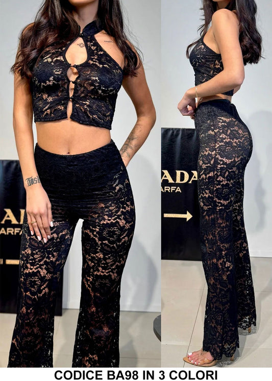 Completo Pizzo Merletto con Trasparenze Maglia Top Allacciata al Collo Pantalone Palazzo Coordinato in 3 Colori - BA98