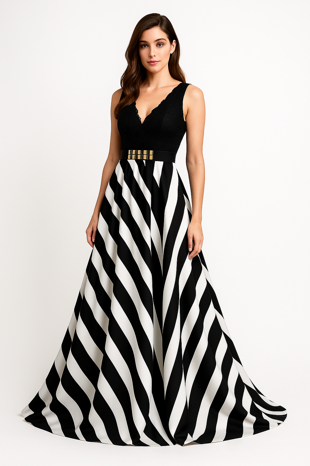 Abito Lungo Strisce nero e bianco Vestito Elegante Cerimonia con Corpetto Merlettato Serata Evento - 1231