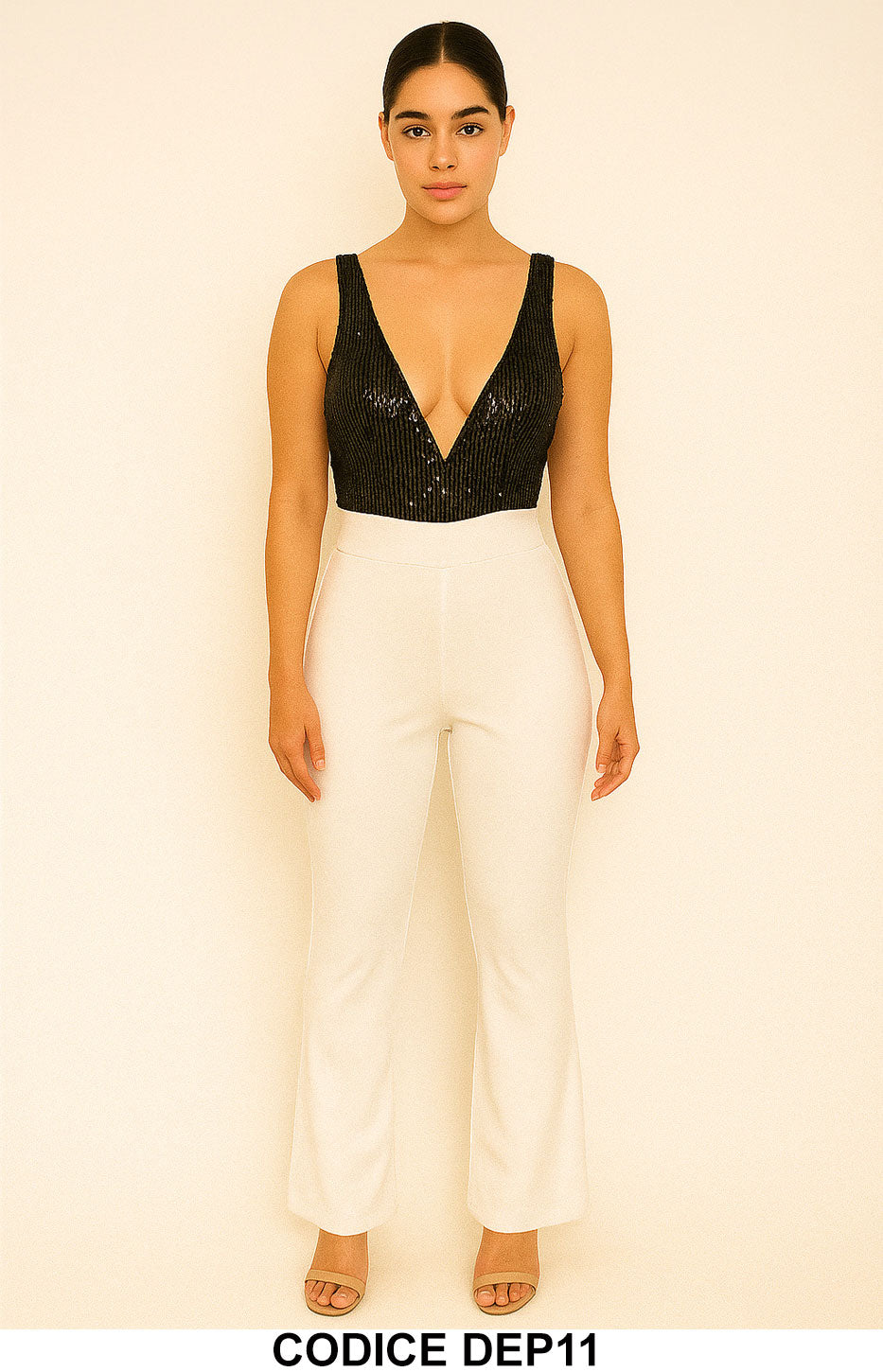 Tuta elegante bianca con top nero in paillettes e scollo profondo Jumpsuit – Modello DEP11