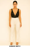 Tuta elegante bianca con top nero in paillettes e scollo profondo Jumpsuit – Modello DEP11