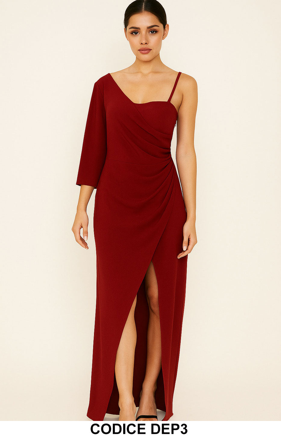 Abito lungo monospalla con spacco elegante cerimonia – Rosso Bordeaux – Modello DEP3