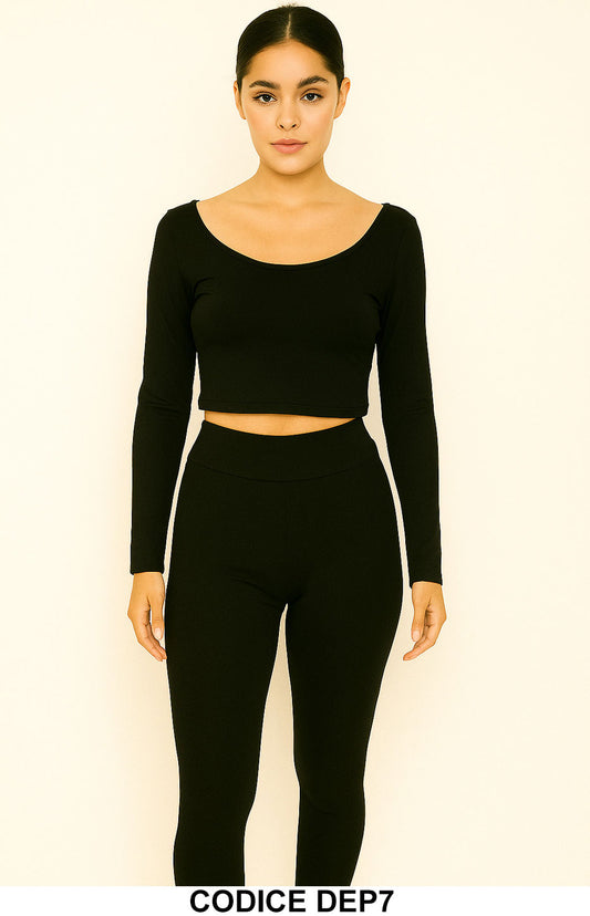 Completo nero due pezzi con crop top a maniche lunghe – Modello DEP7