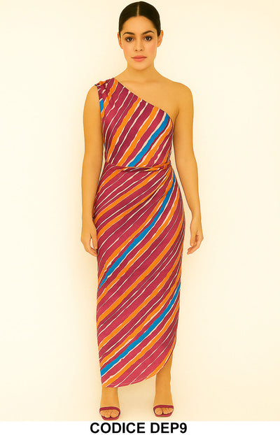 Abito lungo monospalla fantasia etnica Vestito Multicolore Casual Fucsia, Arancio, Blu, Bianco– DEP9