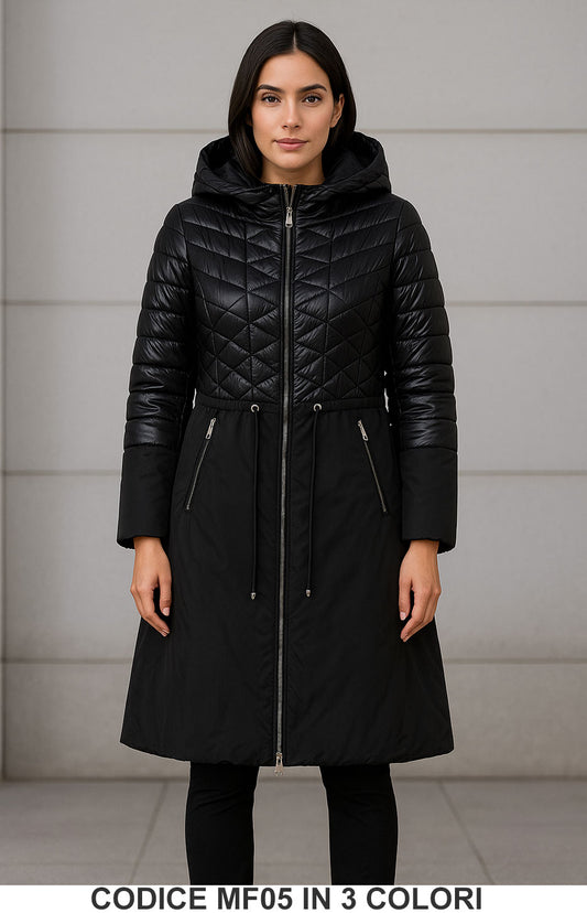 Piumino lungo trapuntato con cappuccio Cappotto Rombi e Liscio in 3 colori – Codice MF05
