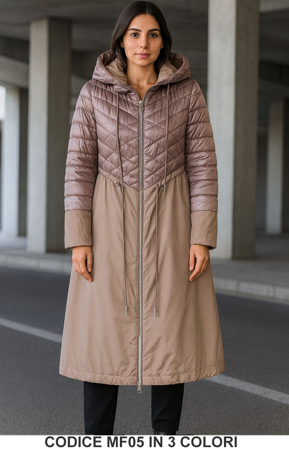 Piumino lungo trapuntato con cappuccio Cappotto Rombi e Liscio in 3 colori – Codice MF05