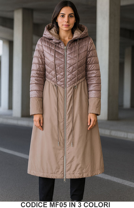 Piumino lungo trapuntato con cappuccio Cappotto Rombi e Liscio in 3 colori – Codice MF05