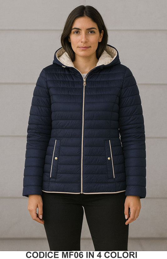 Piumino leggero con cappuccio e dettagli oro Giubbotto Fashion Taglie Forti Curvy in 4 colori – MF06