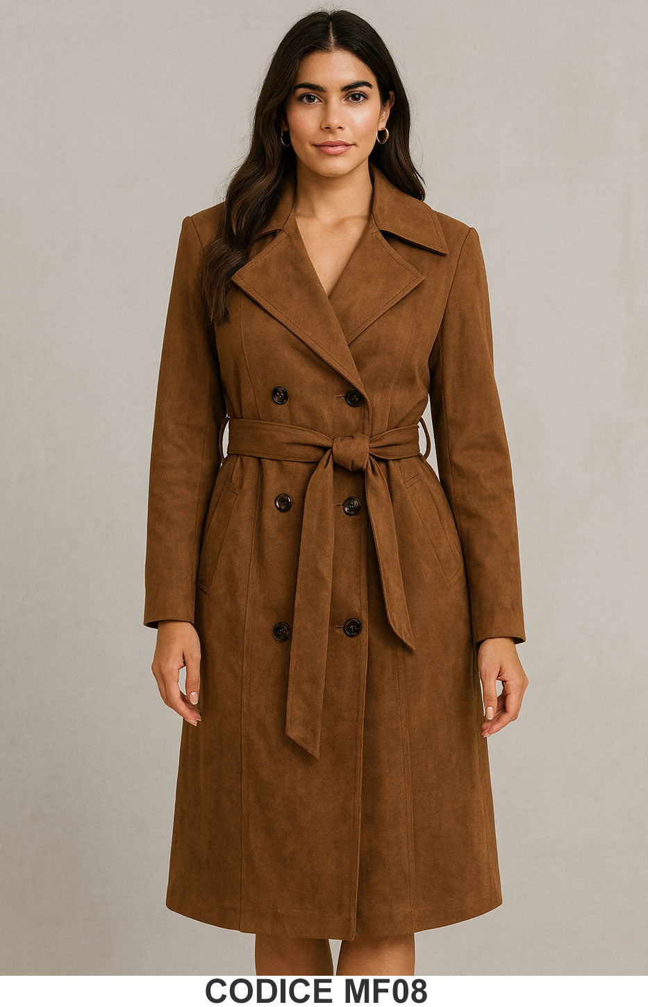 Cappotto lungo doppiopetto con cintura Elegante Dainetto Effetto Scamosciato Marrone – MF08