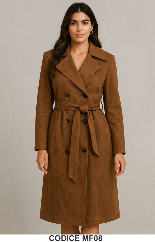 Cappotto lungo doppiopetto con cintura Elegante Dainetto Effetto Scamosciato Marrone – MF08
