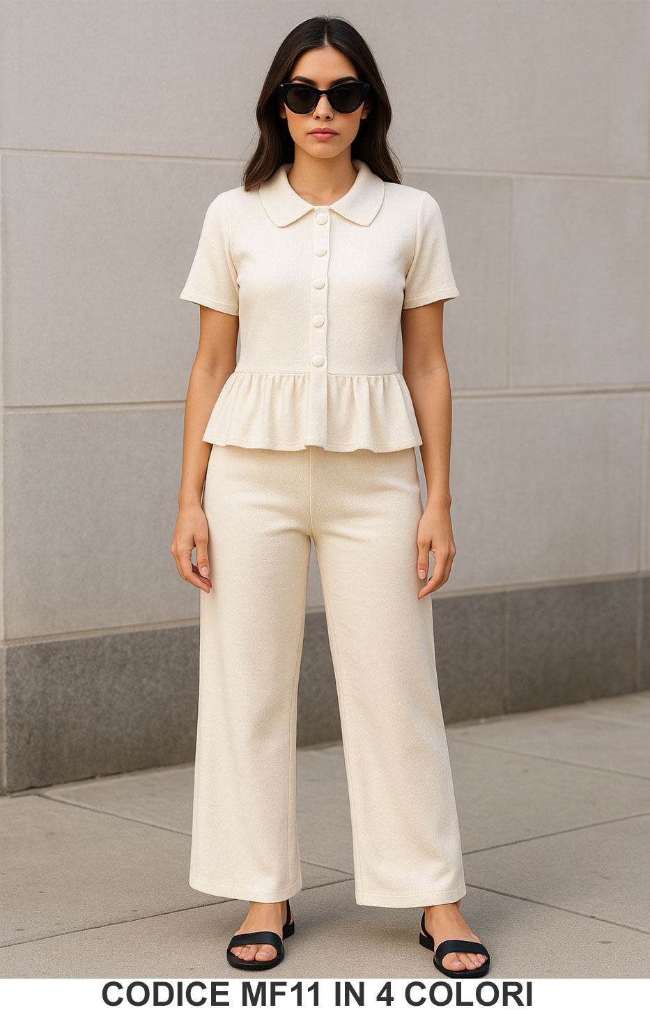 Completo due pezzi in maglia con top peplum e pantalone Coordinato Casual in 3 colori – MF11
