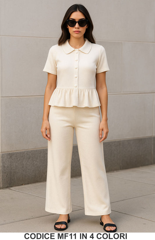 Completo due pezzi in maglia con top peplum e pantalone Coordinato Casual in 3 colori – MF11