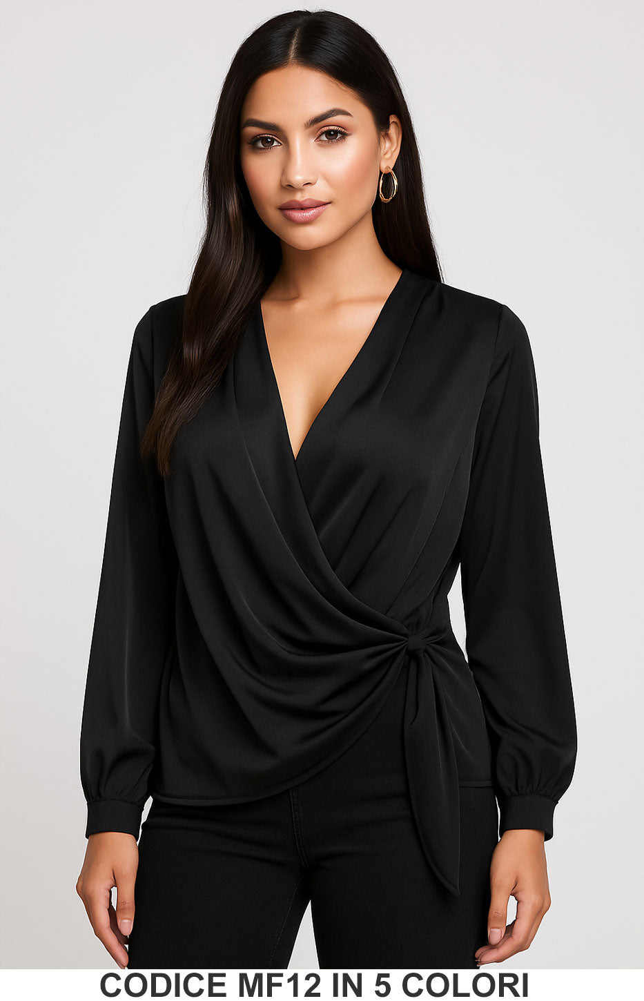 Blusa elegante incrociata in raso con nodo laterale in 5 colori – MF12
