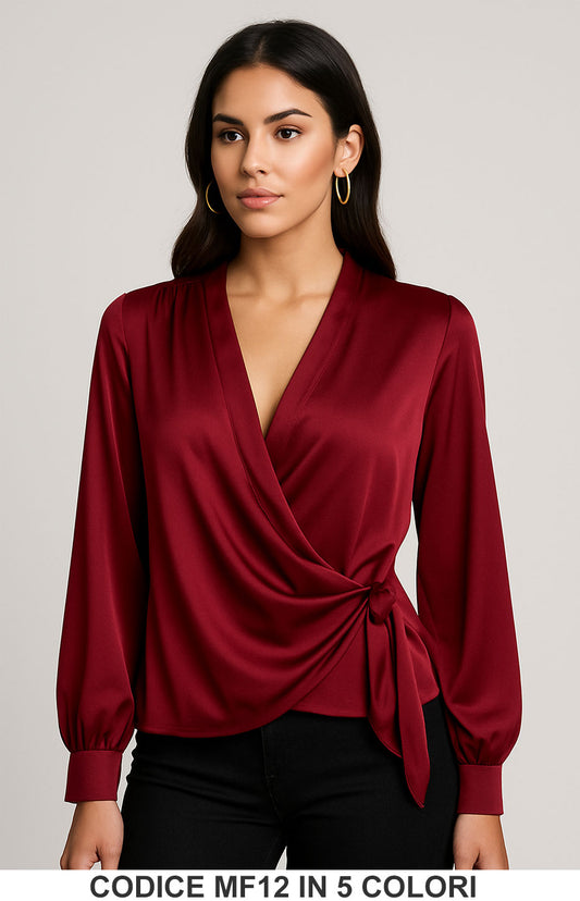 Blusa elegante incrociata in raso con nodo laterale in 5 colori – MF12