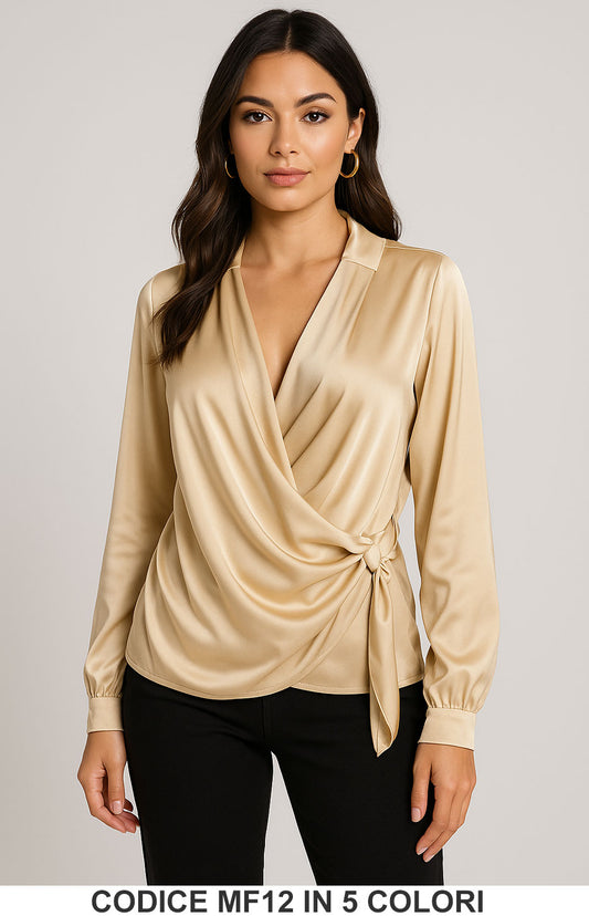 Blusa elegante incrociata in raso con nodo laterale in 5 colori – MF12