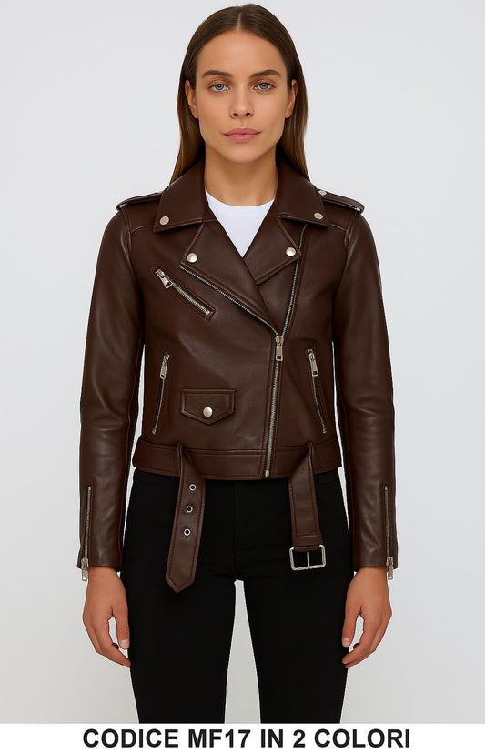 Giubbotto biker in ecopelle con cintura zip asimmetrica Dettagli metallici in 2 colori – MF17
