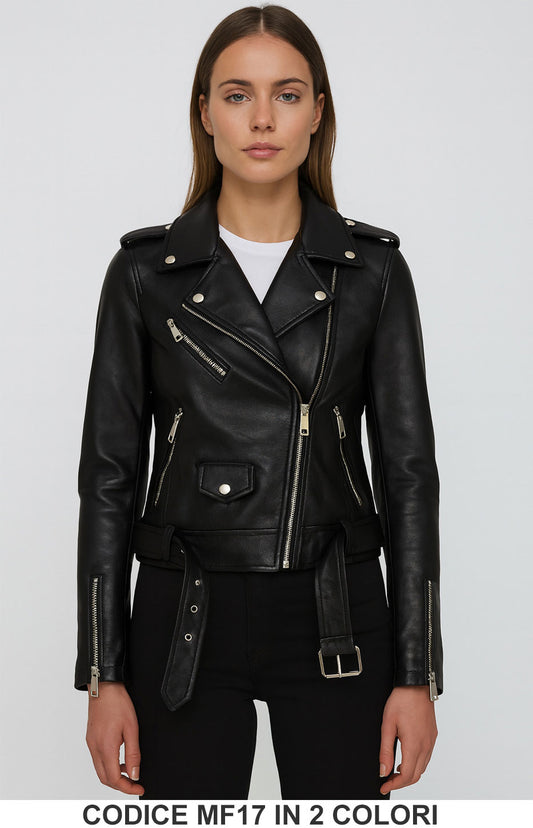 Giubbotto biker in ecopelle con cintura zip asimmetrica Dettagli metallici in 2 colori – MF17