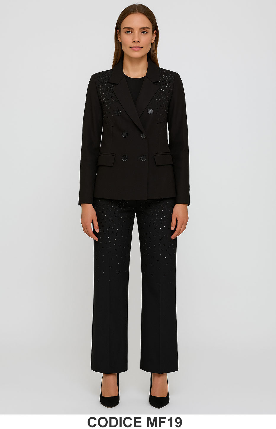 Tailleur elegante nero con punti luce Completo Giacca Pantalone Palazzo Fashion – MF19