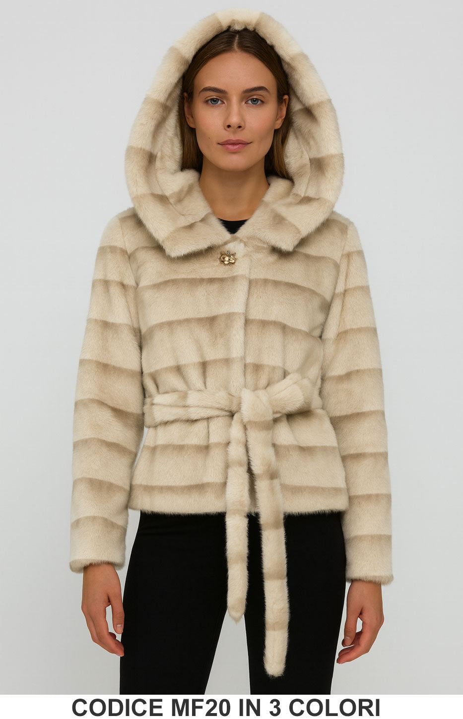 Giacca in Eco Pelliccia con Cappuccio e Cintura Giubbotto Bottone Gioiello in 3 colori – MF20