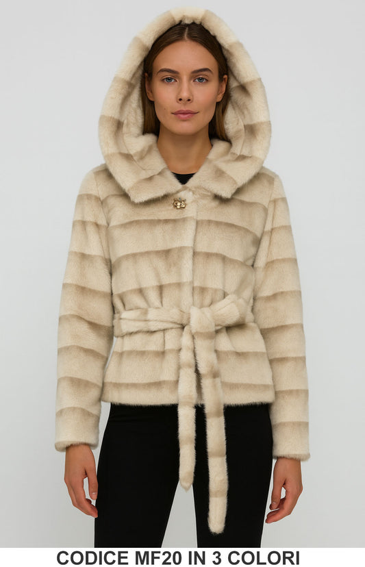 Giacca in Eco Pelliccia con Cappuccio e Cintura Giubbotto Bottone Gioiello in 3 colori – MF20
