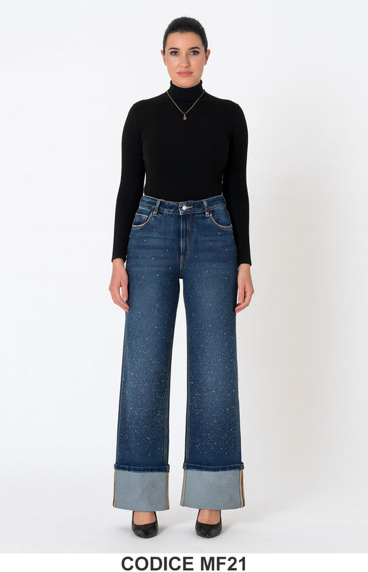 Jeans palazzo con risvolto e punti luce in denim elasticizzato Pantalone Tendenza Blu – MF21