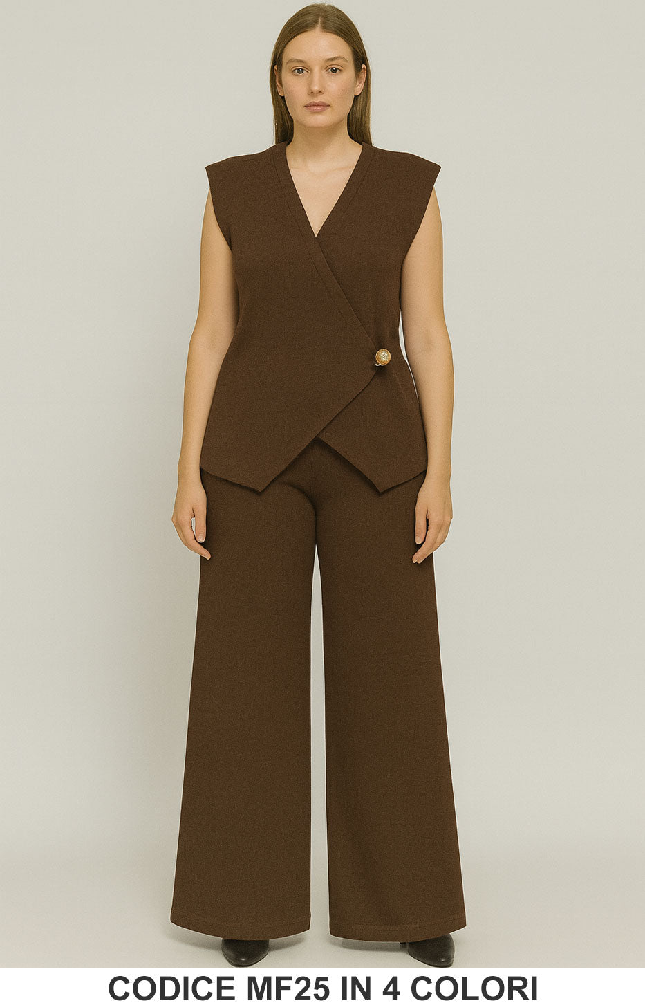 Completo in Maglia con Top Asimmetrico e Pantalone a Palazzo Coordinato in 4 colori – MF25