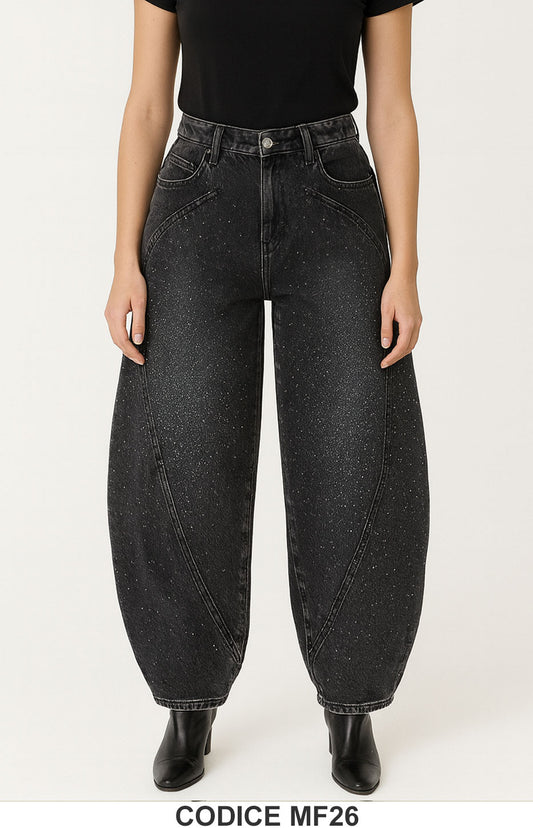 Jeans Nero Balloon Fit con Strass Pantalone Denim Aladdin Aladino Fashion Nero – MF26
