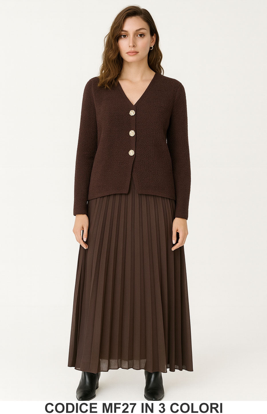 Completo in Maglia con Cardigan Gioiello e Gonna Plissé Coordinato Elegante in 3 colori – MF27