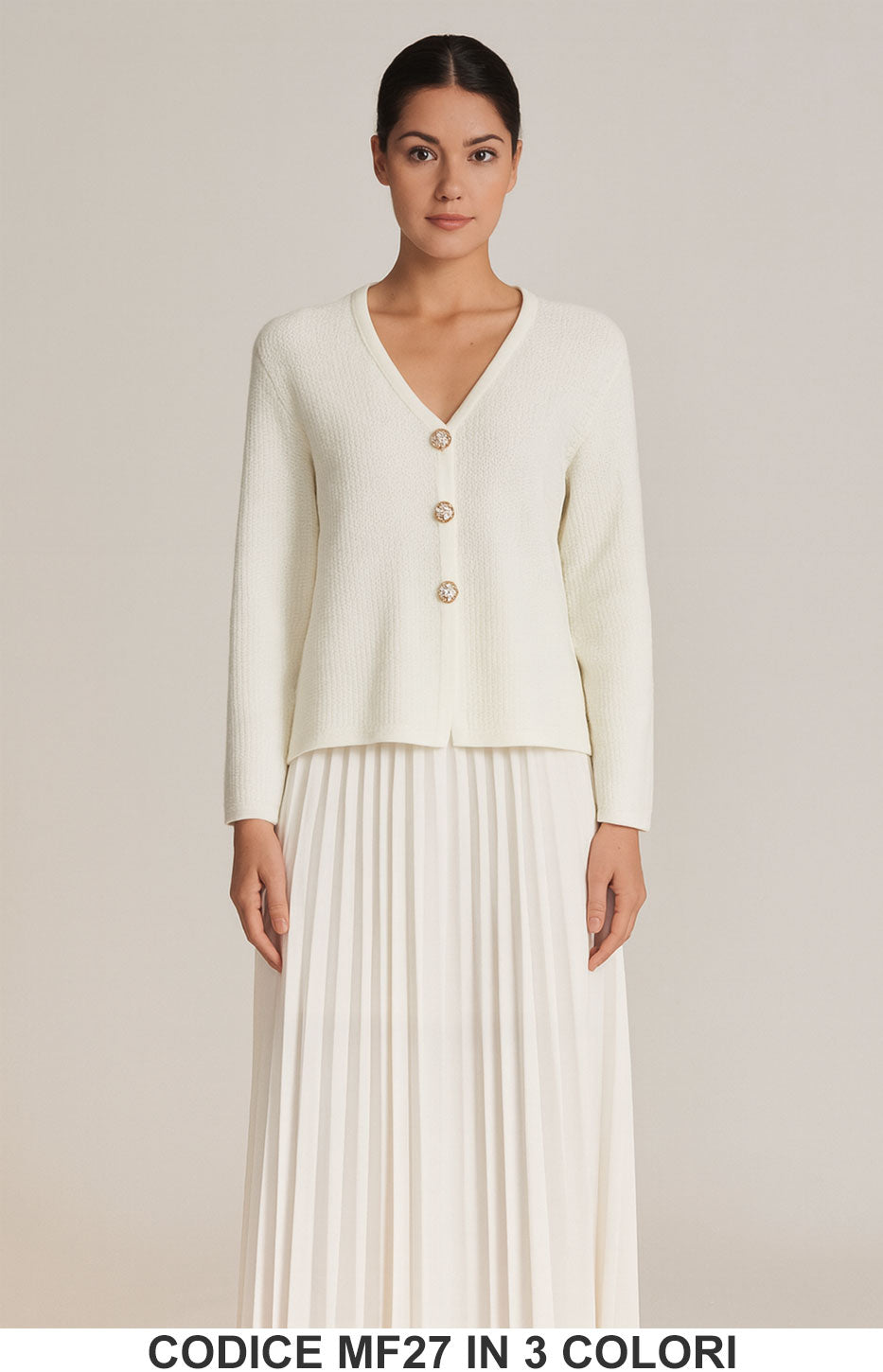 Completo in Maglia con Cardigan Gioiello e Gonna Plissé Coordinato Elegante in 3 colori – MF27