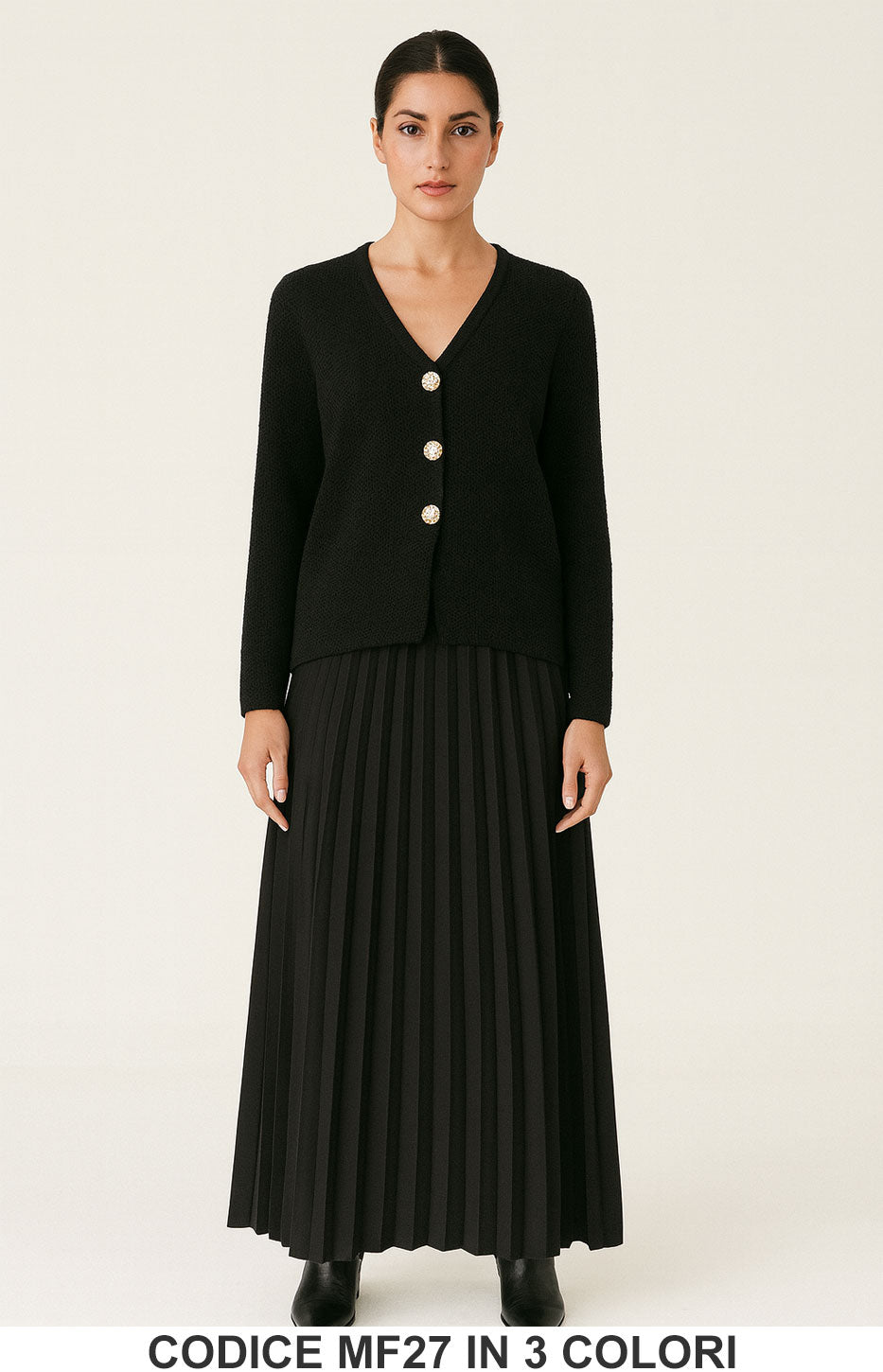 Completo in Maglia con Cardigan Gioiello e Gonna Plissé Coordinato Elegante in 3 colori – MF27