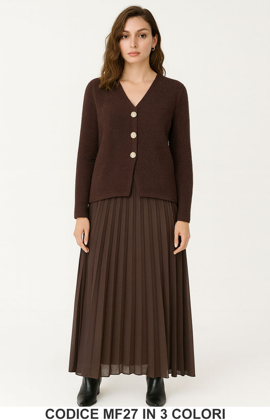 Completo in Maglia con Cardigan Gioiello e Gonna Plissé Coordinato Elegante in 3 colori – MF27