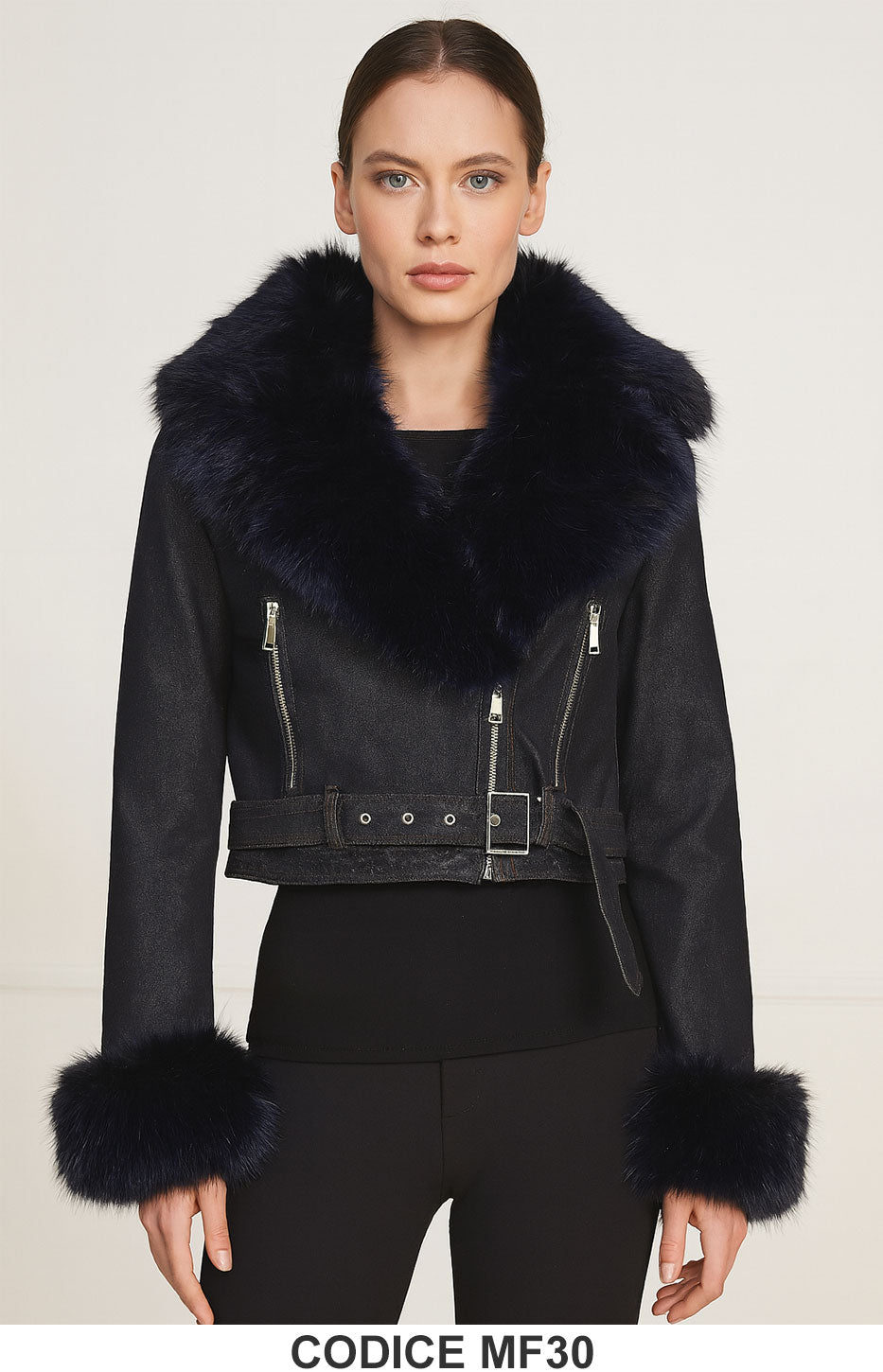 Giacca in Jeans con Pelliccia Sintetica Giubbotto Chiodo Fashion Elegante Nero – MF30