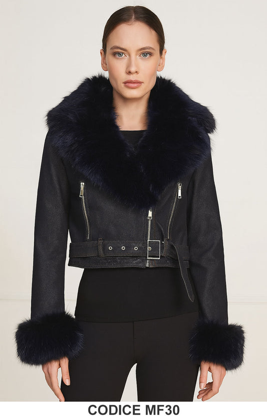 Giacca in Jeans con Pelliccia Sintetica Giubbotto Chiodo Fashion Elegante Nero – MF30