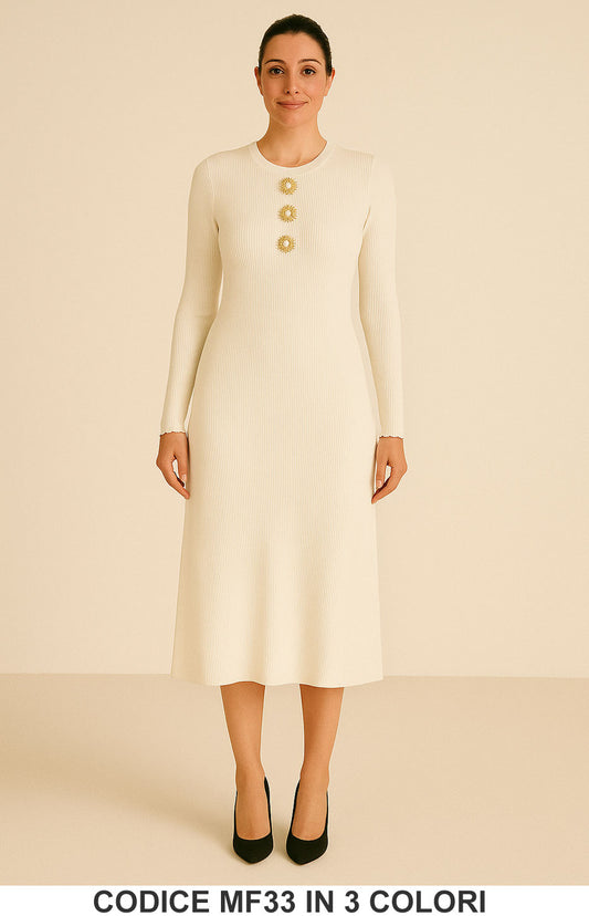 Abito in Maglia a Coste con Dettagli Gioiello Vestito Midi Elegante in 3 colori – MF33