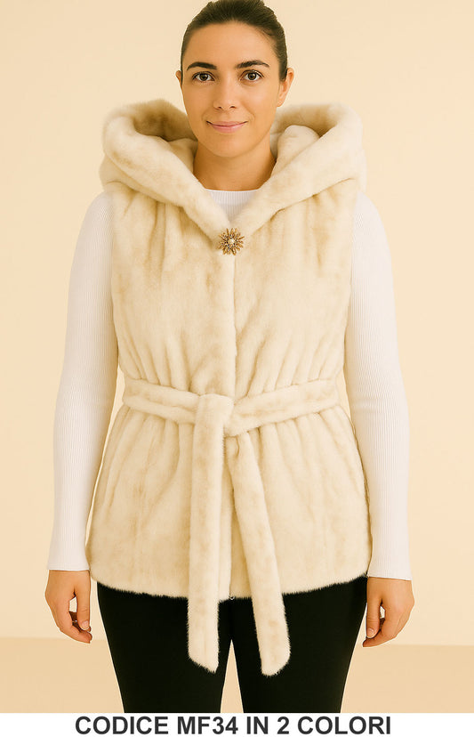 Gilet Eco Pelliccia con Cappuccio Cappotto Smanicato Giubbotto Fashion Beige o Marrone – MF34