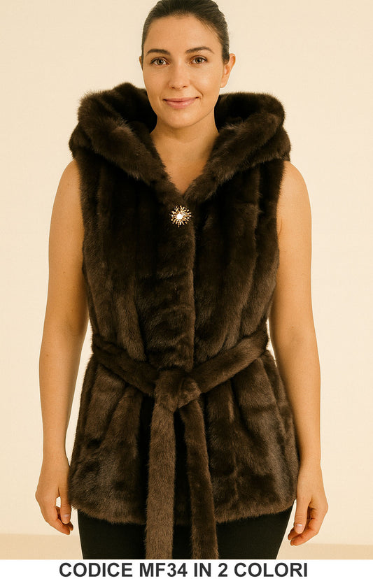 Gilet Eco Pelliccia con Cappuccio Cappotto Smanicato Giubbotto Fashion Beige o Marrone – MF34