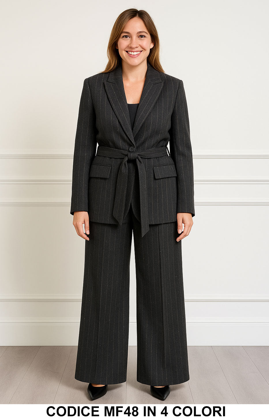 Tailleur con Cintura Completo GIacca Pantalone Palazzo Gessato con Strass Elegante e Versatile in 3 Colori - MF48