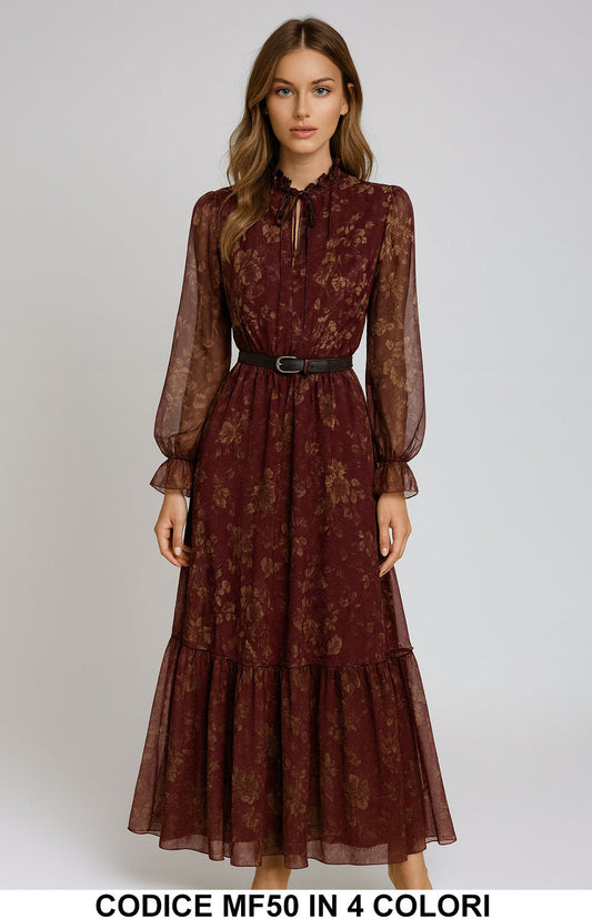Abito Lungo in Chiffon Floreale con Cintura Vestito Romantico in 4 Colori – MF50