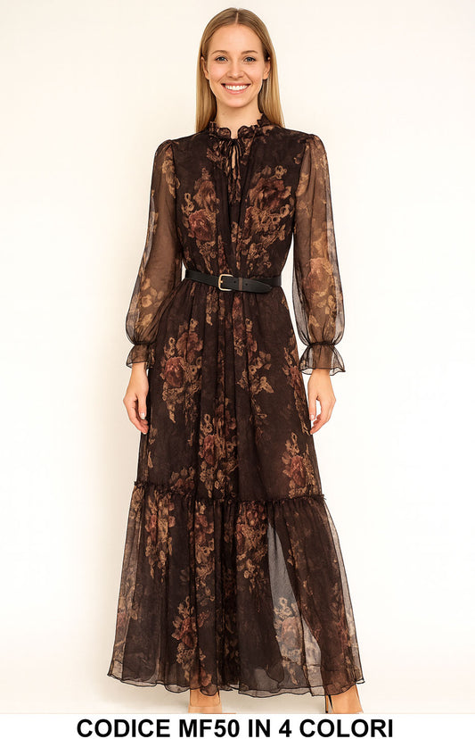 Abito Lungo in Chiffon Floreale con Cintura Vestito Romantico in 4 Colori – MF50