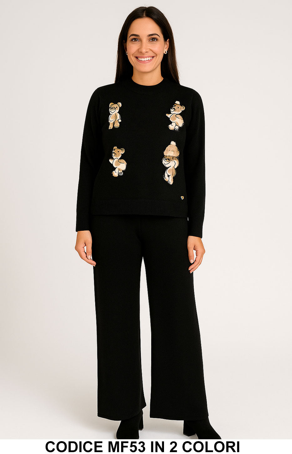 Completo in maglia con orsetti ricamati Pantalone Palazzo Coordinato Casual in 2 colori – MF53