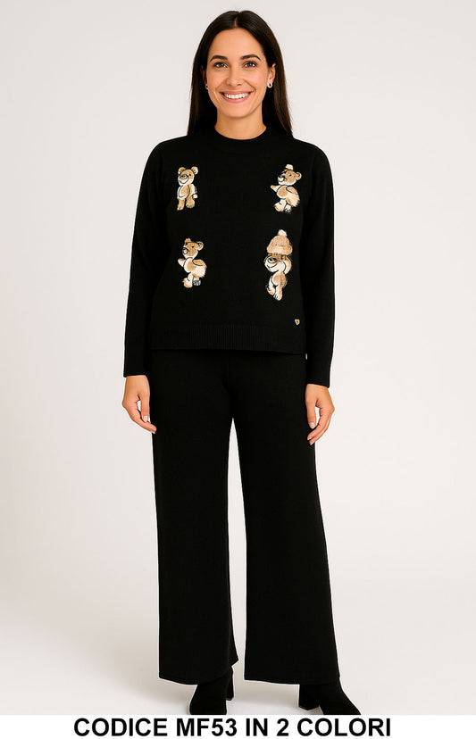 Completo in maglia con orsetti ricamati Pantalone Palazzo Coordinato Casual in 2 colori – MF53