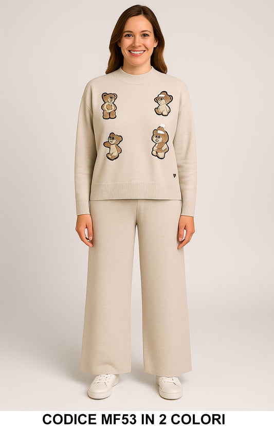 Completo in maglia con orsetti ricamati Pantalone Palazzo Coordinato Casual in 2 colori – MF53